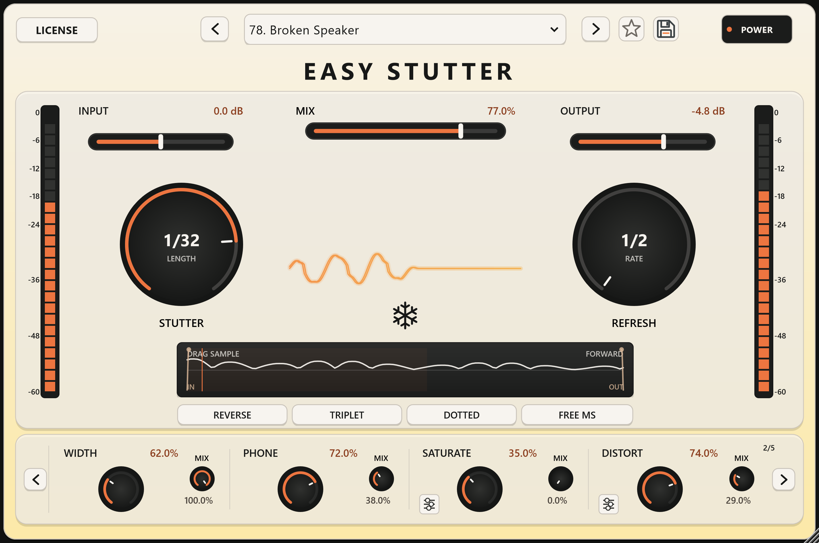 Easy Stutter distortion controls with Broken Speaker preset